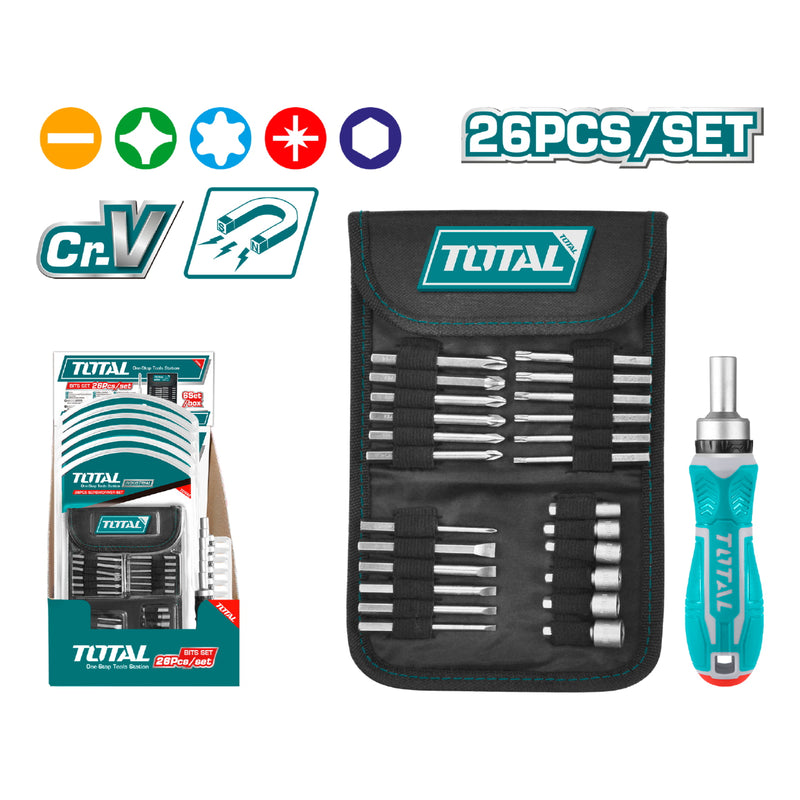 Juego 26pza Destornillador ratchet de puntas.18pcs 65mm bit 6pcs Power sleeve Material:CR-V