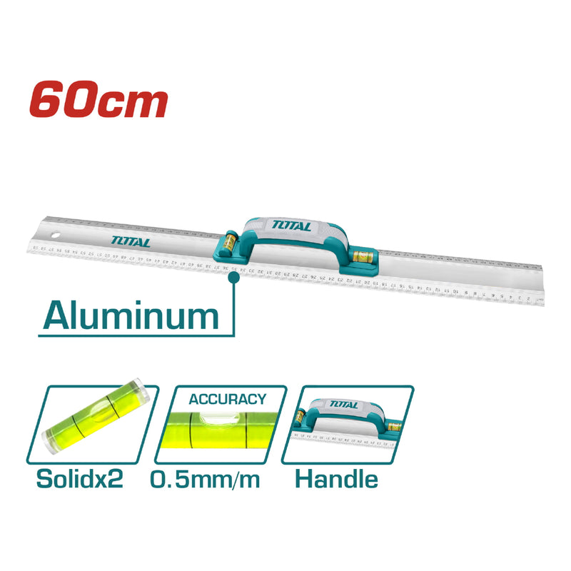Regla de aluminio 60 cm para albañil con mango y nivel de burbuja