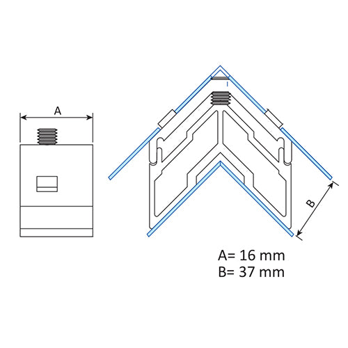 Escuadra de teton fijo de 37.1x15mm para hoja y marco en serie perimetral de 70 mm, corte recto y ab