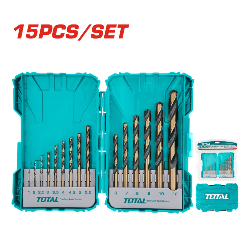 Juego de brocas 4341 HSS de 15 piezas para Taladro. Tamaños: 1,2,2.5,3,3.5,4,4.5,5,5.5,6,7,8,9,10,12 mm