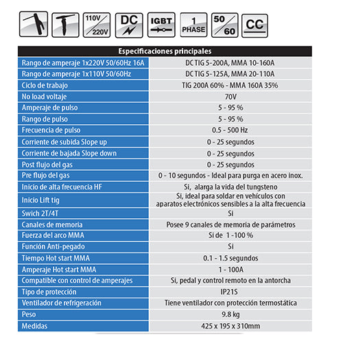 Maquina soldar Tig DC alta frecuencia y electrodo TIG 200PD-DV  110/220V. USO INDUSTRIAL