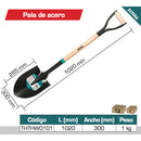 Pala de punta con mango de madera 1020mm. Pala 285mm x 300 mm. Material: Acero al Carbon.