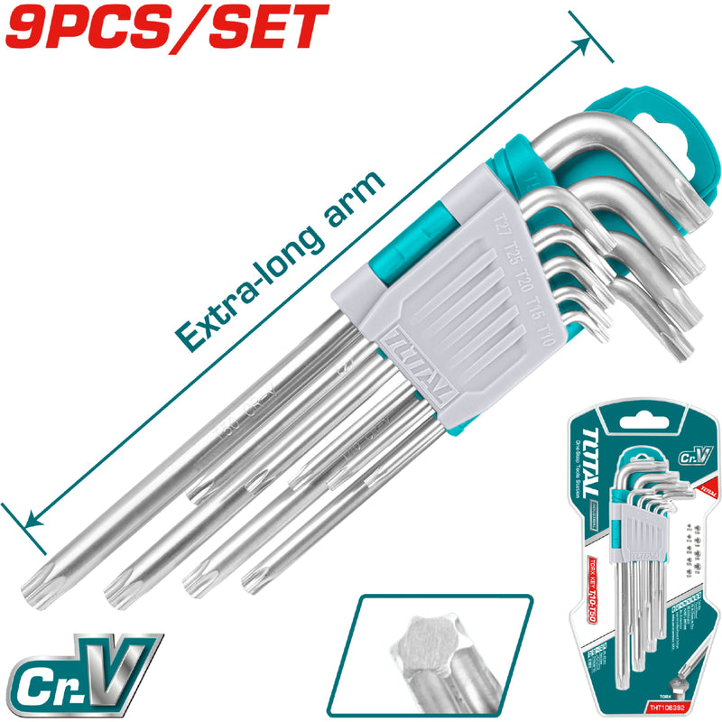 Juego de llaves Torx de brazo extra largo de 9 piezas. Medidas: T10-T50. Material: Cr-V,