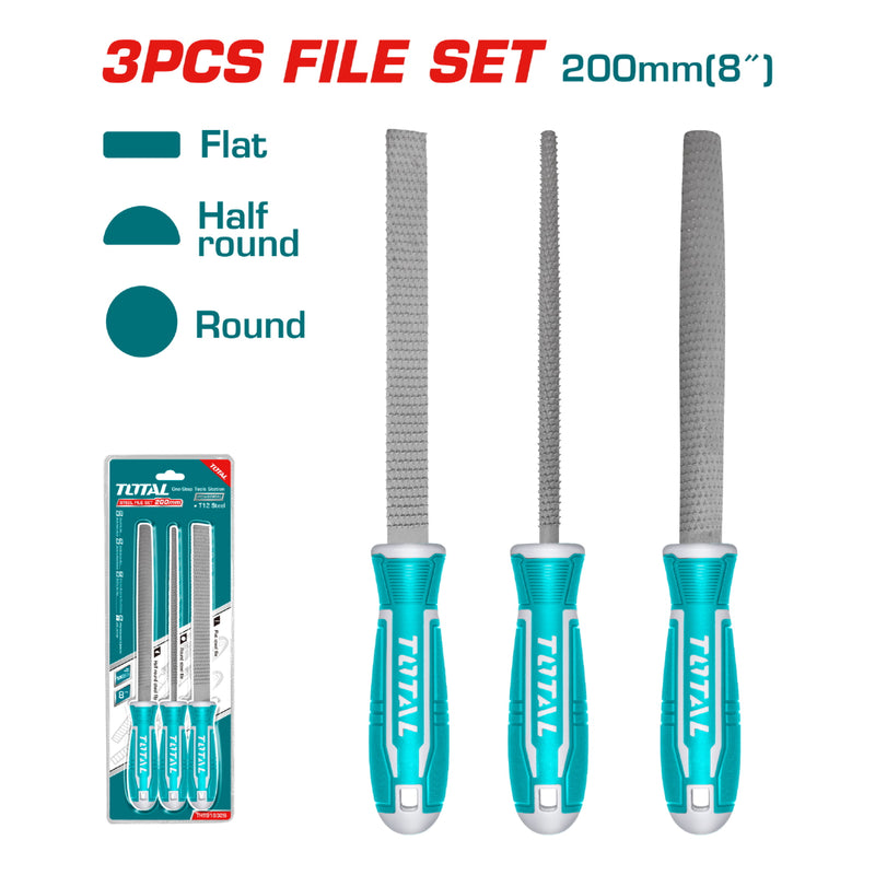 Set de 3 limas  para madera. Plana , redonda y media caña. Largo 8"mm. Acero T12.