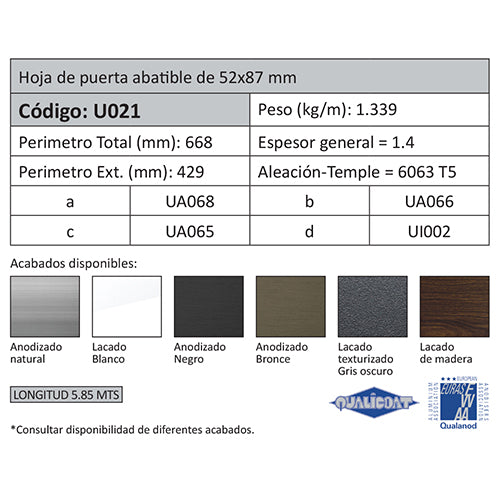 Hoja Puerta Abatible52x87mm. Espesor 1.5 mm. Largo 5.85 mts. Acabado Anodizado Negro 15 Micron. (D3-