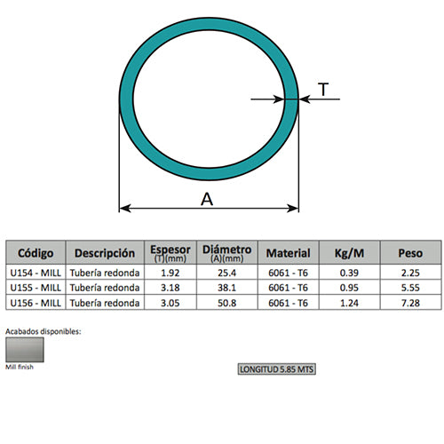 Perfiles de Aluminio Redondo 2". Espesor 3.05 mm Largo 5.85 mts. Material 6061-T6. Acabado Mill.