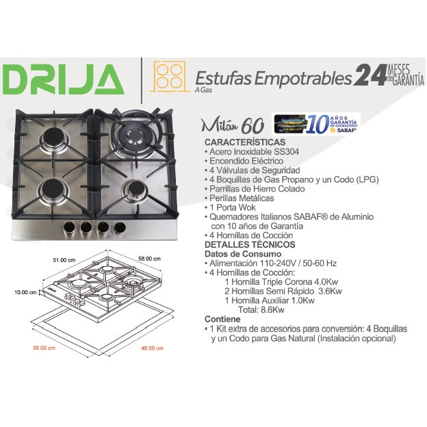 Estufa empotrable a gas Milan 60. Color Inox.