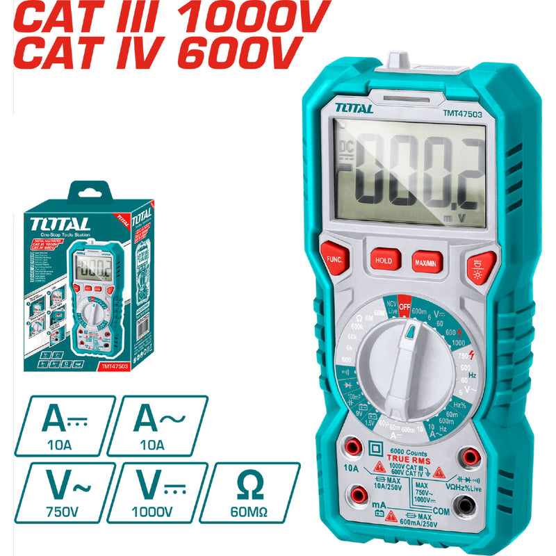 Multimetro Digital 6000 Counts RMS. Detección de Voltaje sin contacto. Indicador de baja bateria.