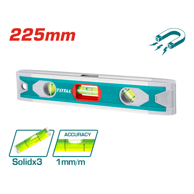 Nivel de burbuja 225mm aluminio y ABS. Con iman. Alta calidad indestructible.