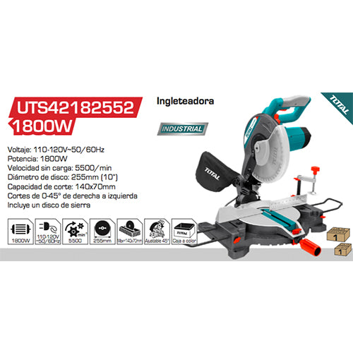 Ingleteadora 10" para aluminio - 110-120V~60Hz 1800W 5500rpm. Corta 0 a 45 grados derecha izquierda y bisel 45