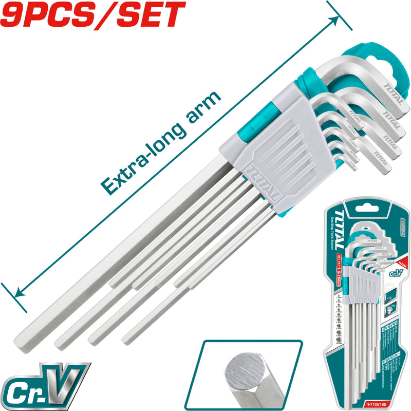 Juego 9pza de llave allen Cr-V.1.5-10mm brazos extra largos.