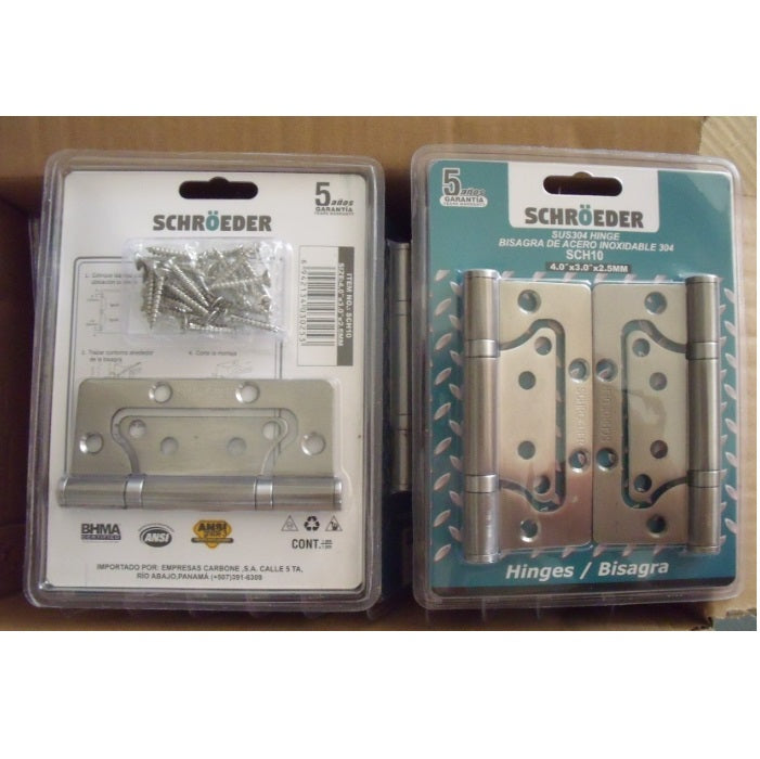 Bisagras mariposa para puerta 4"x3"x 3/32"  100x72x2.5mm inoxidable 304 (3 pzs blister)