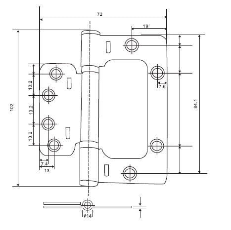 Bisagras mariposa para puerta 4"x3"x 3/32"  100x72x2.5mm inoxidable 304 (3 pzs blister)