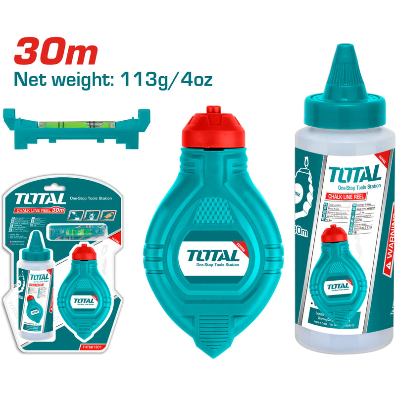 Chalk line (tira linea) 30 mts largo con una botella de tiza y un nivel de burbuja.