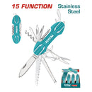 Navaja multifuncional de 15 operaciones Tijeras, serrucho, destornillador y mas, mango de aluminio