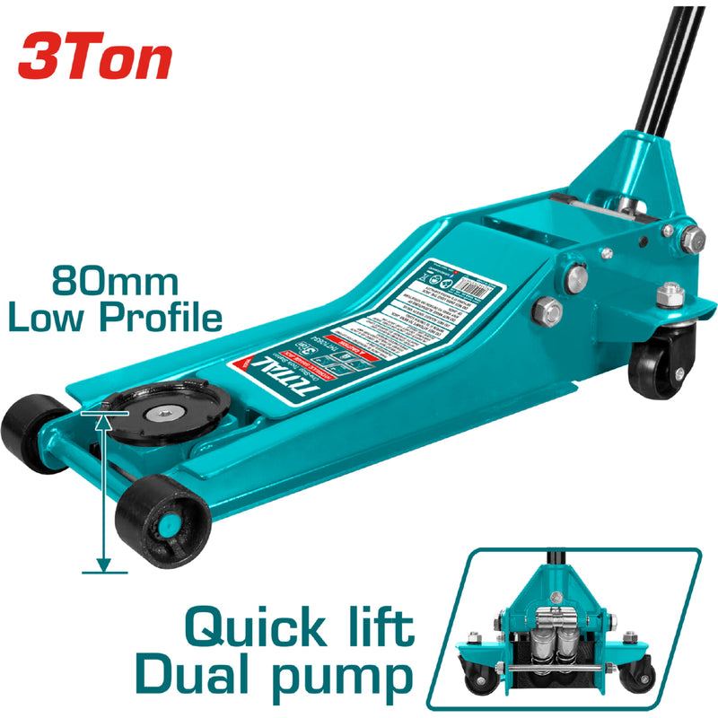 Gato hidráulico largo estilo patín de bajo perfil con bomba doble para levantamiento rápido.