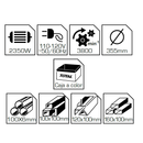 Tronzadora 14" 110-120V~60Hz. Potencia 2350W. Velocidad Max. 3800 rpm. 355 x 25.4 x 3 mm.