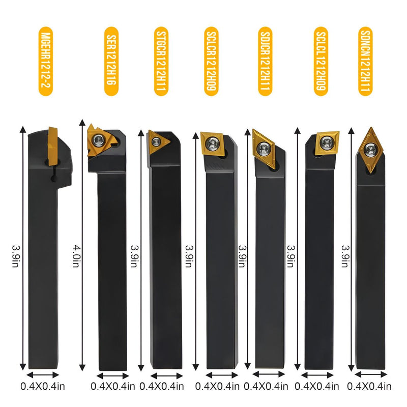Cuchillas de corte para torno de metal con punta de carburo. Set de 7 piezas.