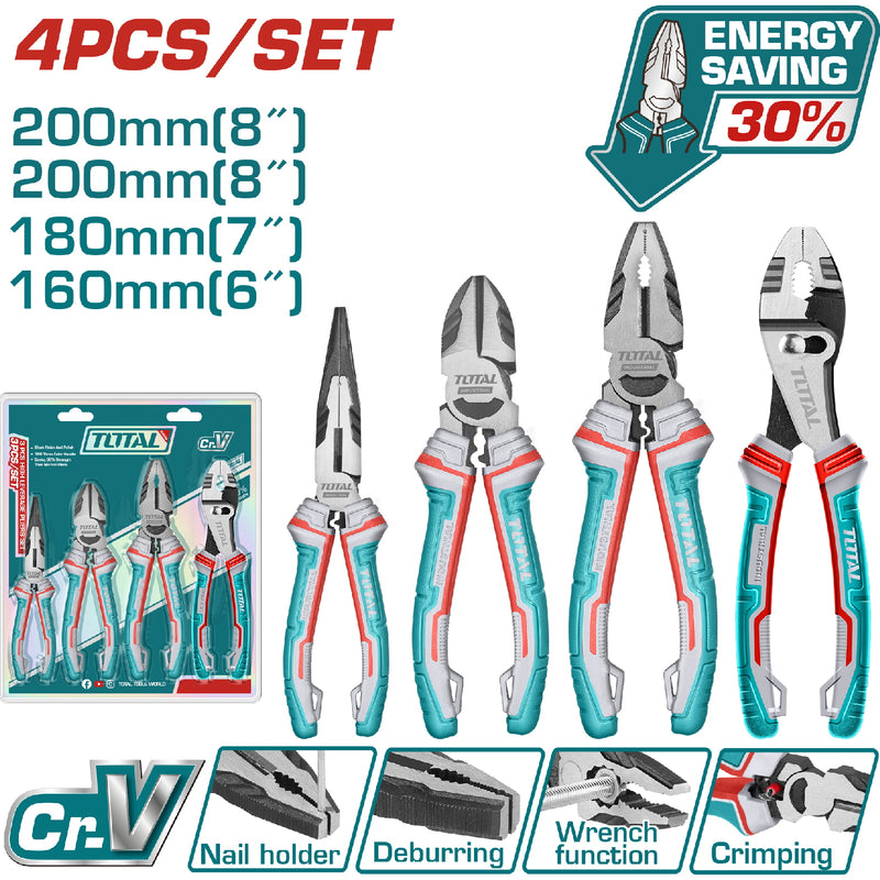 Alicates de Combinacion 7", Punta larga de 6",corte diagonal de 7" Set de 4 piezas