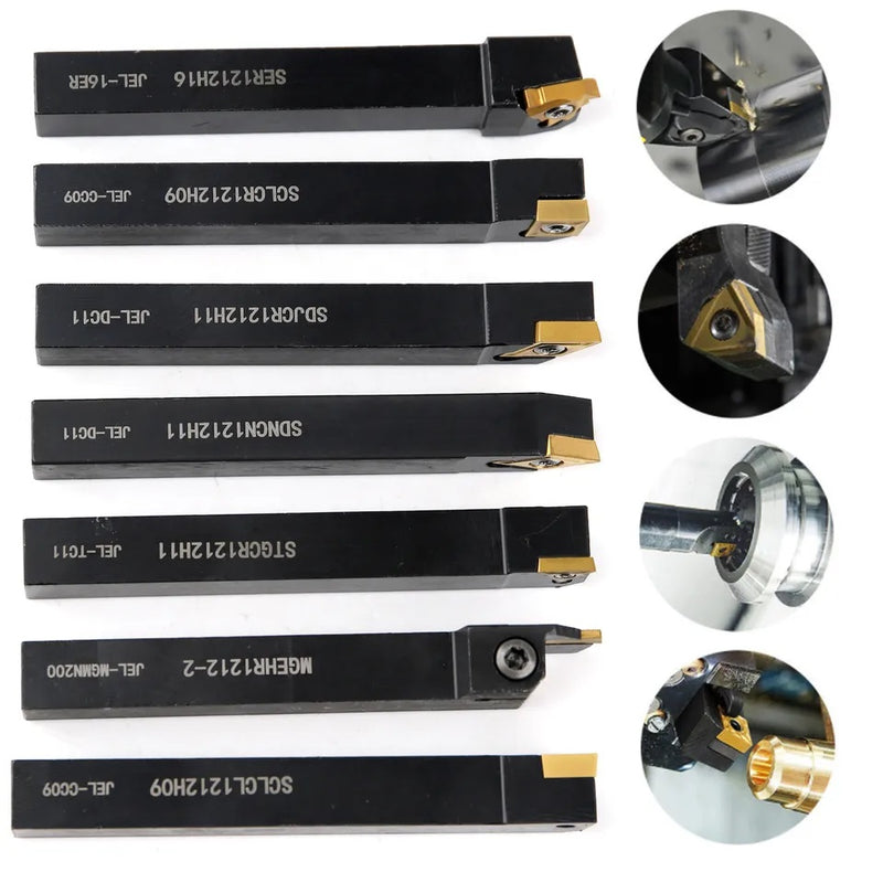 Cuchillas de corte para torno de metal con punta de carburo. Set de 7 piezas.