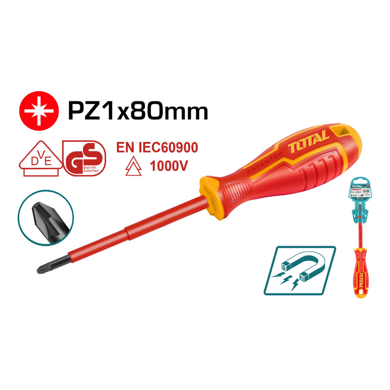 Destornillador Aislado Punta Pozidriv (PZ1x80mm). Magnético. CR-V 1000V. Mango redondo.