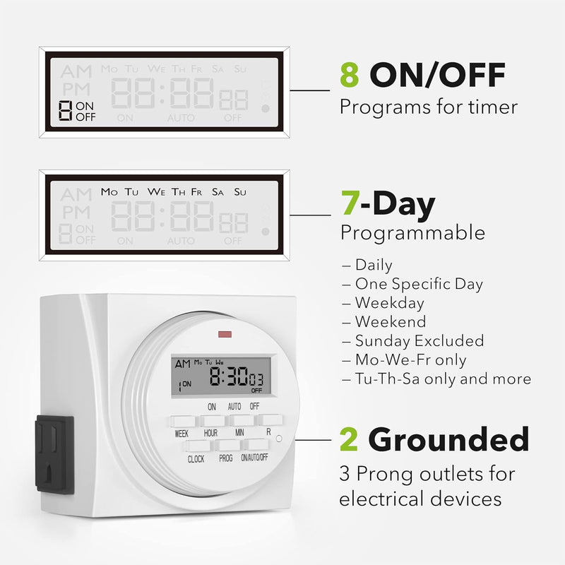Temporizador digital programable por 7 días, tomacorriente dual timer reloj apagado automatico