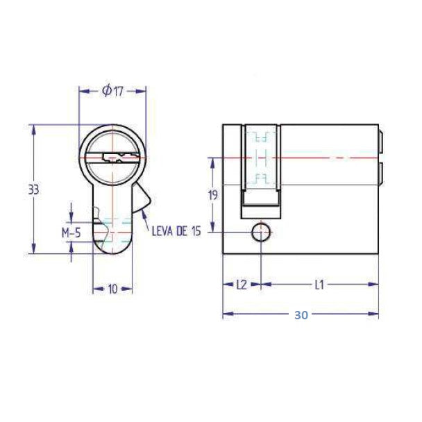 Cilindro Perfil Europeo de una Salida. Largo de 30 mm. Cuerpo Niquel