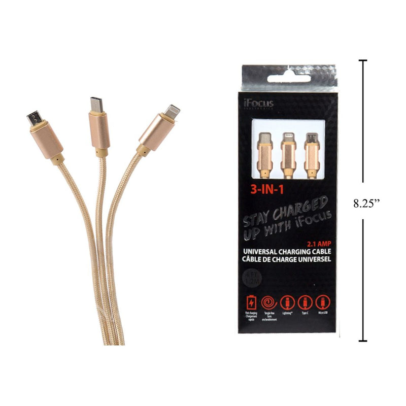 iFocus, cable de carga y sincronización 3 en 1 de 1,2 M, dorado, bandeja cbx +