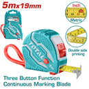 Cinta métrica de acero 5mx19mm Mide Metros y Pulgadas. Cubierta de goma. Con función de 3 botones.