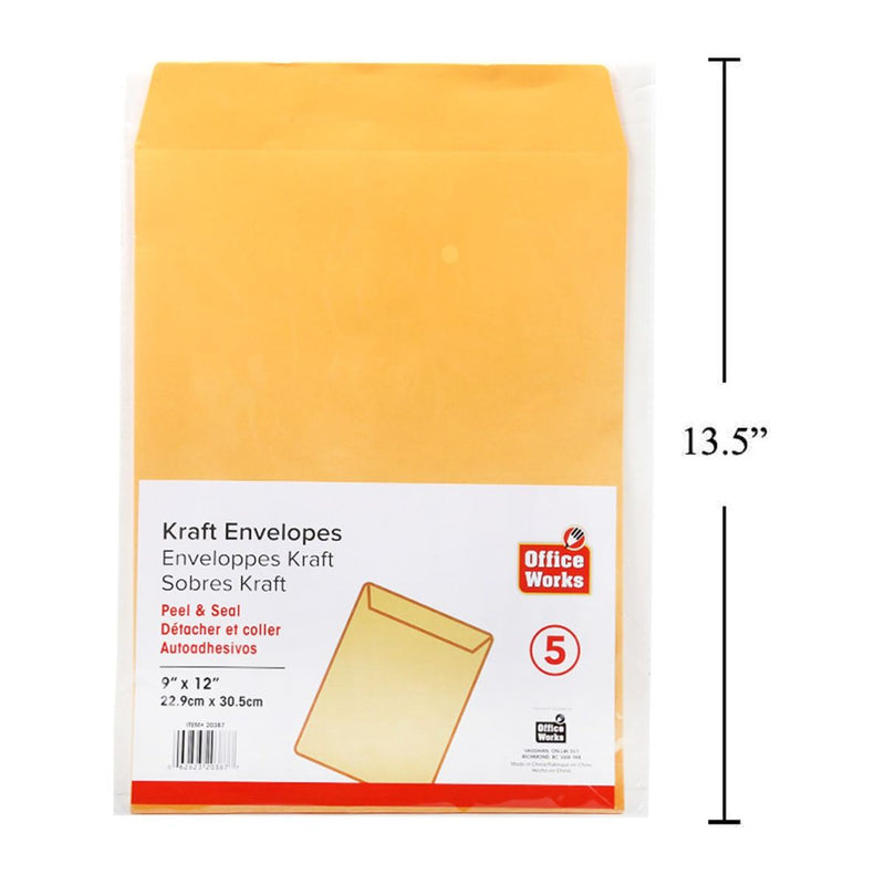 Sobre manila kraft despegable y sellado de 5 piezas, 9 x 12"
