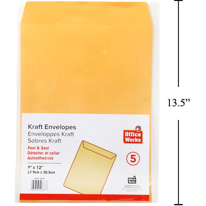Sobre manila kraft despegable y sellado de 5 piezas, 9 x 12"