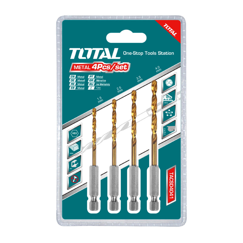 Brocas Helicoidales HSS para Metal.4 piezas.1.5-4mm. Vástago Hexagonal 1/4" Acabado de Titanio.