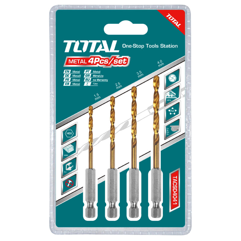 Brocas Helicoidales HSS para Metal.4 piezas.1.5-4mm. Vástago Hexagonal 1/4" Acabado de Titanio.