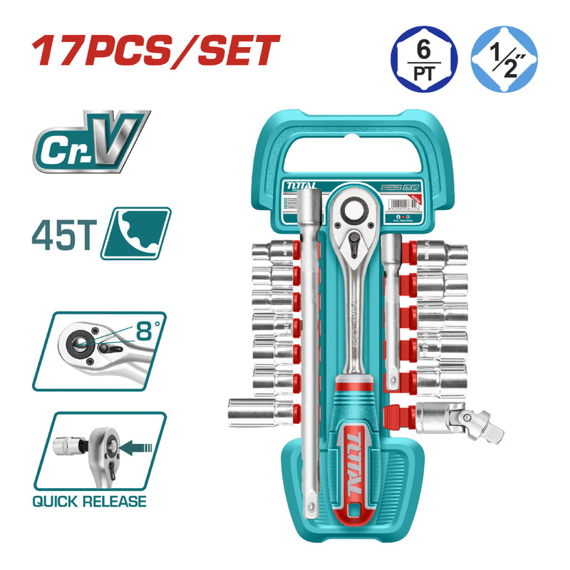 Dados Socket 1/2" Surtidos y mango socket de liberación rápida. Cr-V. 45T. Set de 17 piezas.