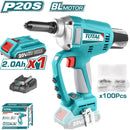 Remachadora Inalámbrica 20V Fuerza: 20kN. 110-120V ~ 50/60Hz. Incluye batería y cargador.