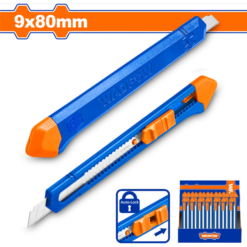 Exacto de Plástico 9 x 80mm. Con pulsador plano. 1 hoja. Acero Inoxidable.