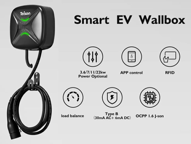 Cargador pared vehículos eléctricos GBT Nivel 2 Smart  OCPP1.6J 7kW 32A monofásico 230V + WIFI+ APP TEISON
