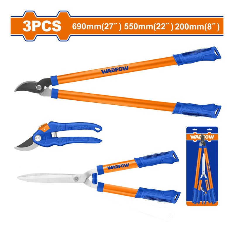 Tijeras de jardín variadas. Cuchillas tratadas térmicamente. Se vende en juego de 3 tijeras.