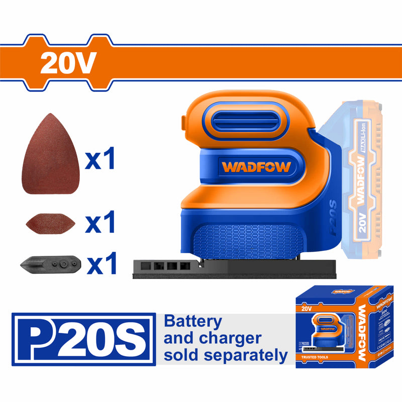 Lijadora delt orbital de Mano Inalámbrica 20V 12000rpm Incluye lijas y almohadillas. Batería y cargador por separado.