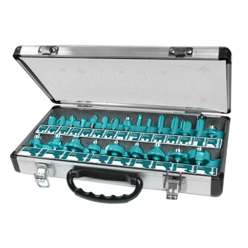 Puntas de router Juego de 24 piezas de  diámetro del mango: 12mm. Malétin de metal.