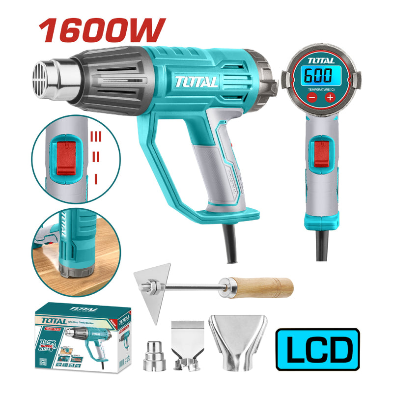 Pistola de Calor 1600W 50-600°C Pantalla LCD Incluye accesorios. Blower aire caliente. Super total