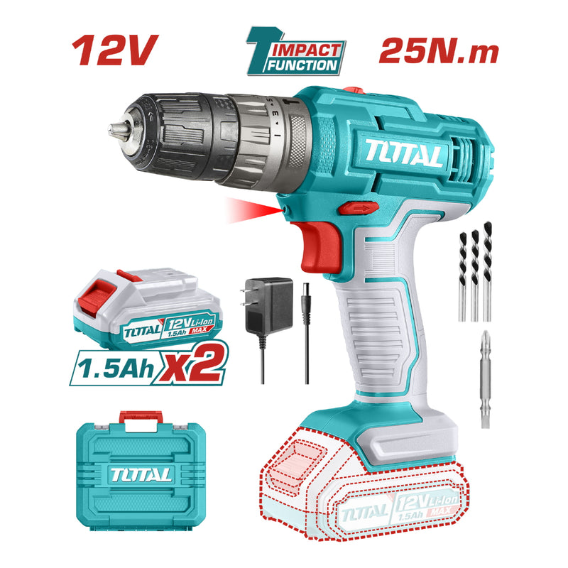 Drill Taladro Inalámbrico 3/8" 12V Impacto 0.8-10mm 25Nm 22500bpm Con batería y cargador.