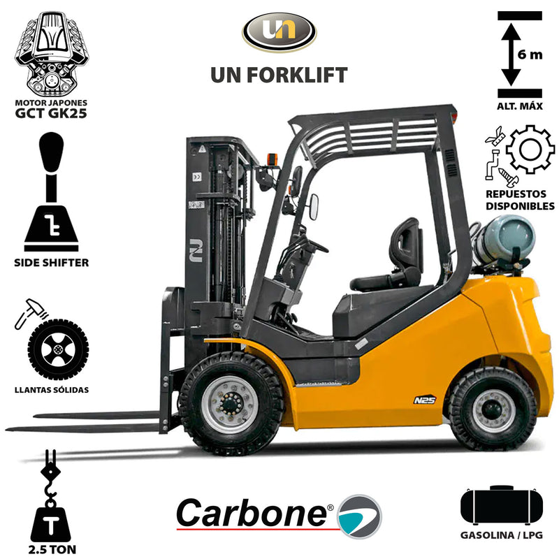 Montacargas Gasolina 2.5 Toneladas Torre de 6mts de altura. Llantas sólidas y Side Shifter. UN FORKLIFT