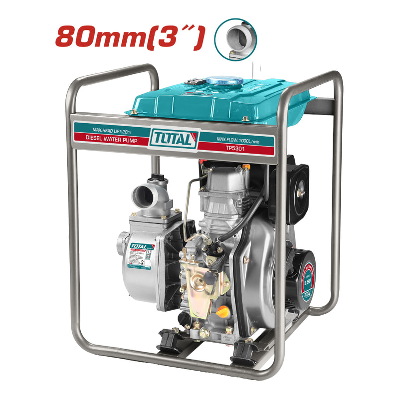 Bomba de Agua a Diesel 5.5 HP. Diámetro de salida 3" Flujo max: 1000L/min. Max. Elev. 28m