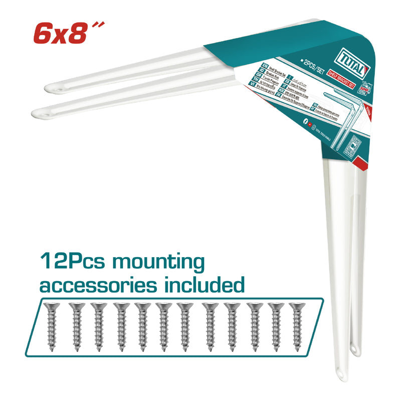 Soportes de Repisas 6x8" Esp. 1mm. 6 puntos de fijación. Cap. 20Kg (por par). Set de 2 piezas. Pie de amigo escuadras