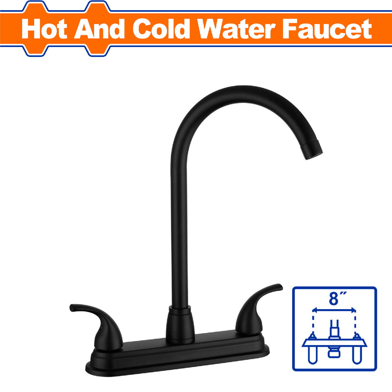 Llave de fregador de 8¨ con cuello alto para agua fría y caliente. Acabado negro mate. Latón+Zinc