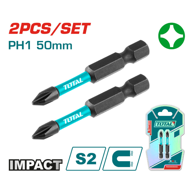 Puntas de Destornillador de Impacto PH1 50mm S2 Set de 2 pzas. Magnético. Tipo Phillips