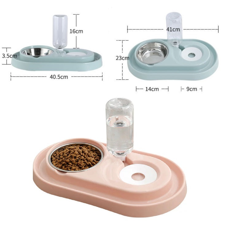 Tazón doble de agua y alimento para mascotas con base y soporte de plastico. Color Gris
