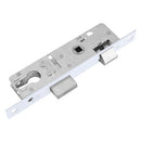 Cerradura perfil angosto de pestillo doble manija.color blanco. Backset 23 mm;  14x38x146 mm. C-C 66