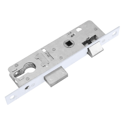 Cerradura perfil angosto de pestillo doble manija.color blanco. Backset 23 mm;  14x38x146 mm. C-C 66